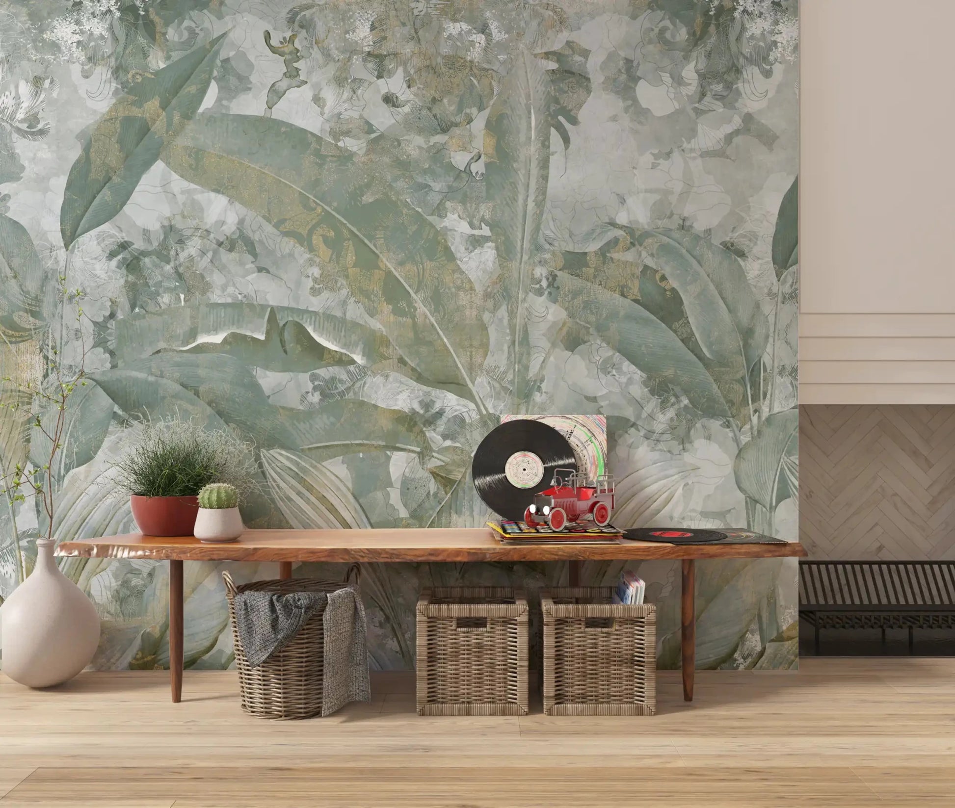 Sage Green Tropical Botanical wall mural shows light overlapping leaf forms