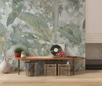 Sage Green Tropical Botanical wall mural shows light overlapping leaf forms