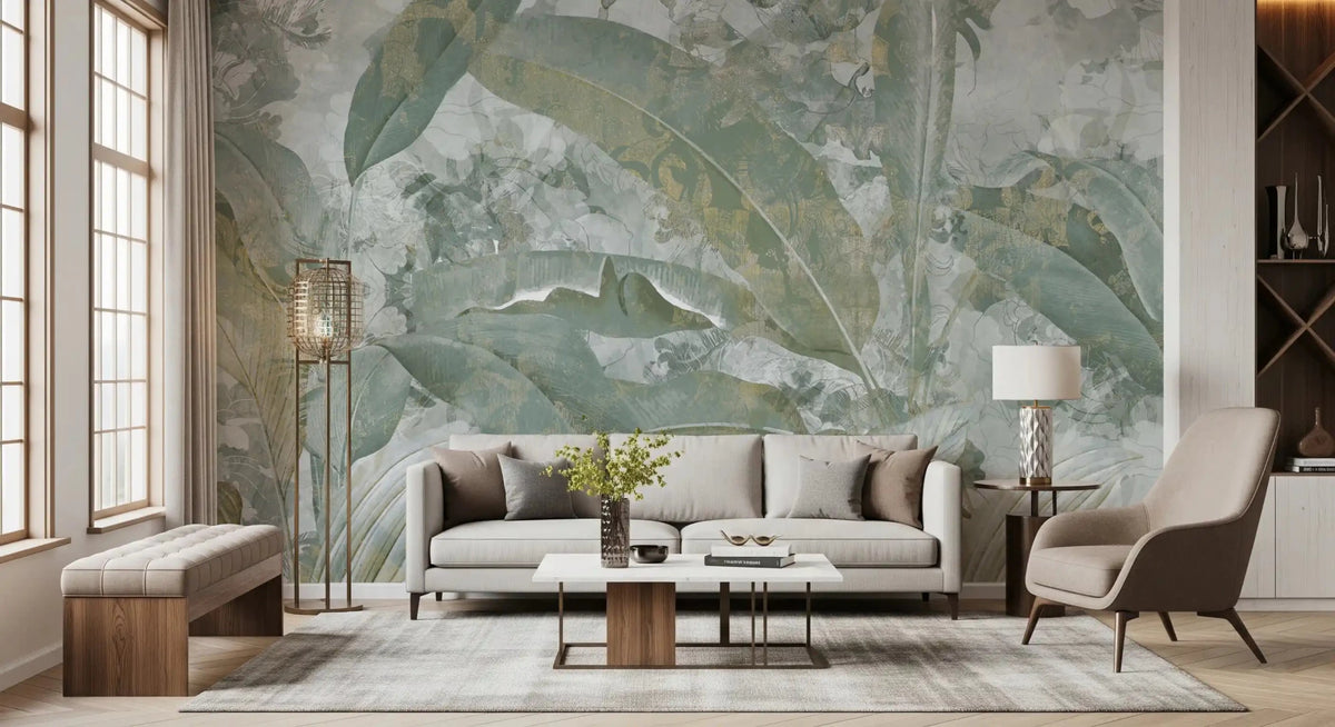 Sage Green Tropical Botanical Wall Mural - Leafy Nature Scene