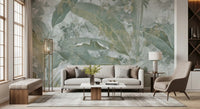 Hallway finished with Sage Green Tropical Botanical wall mural and pale greenery