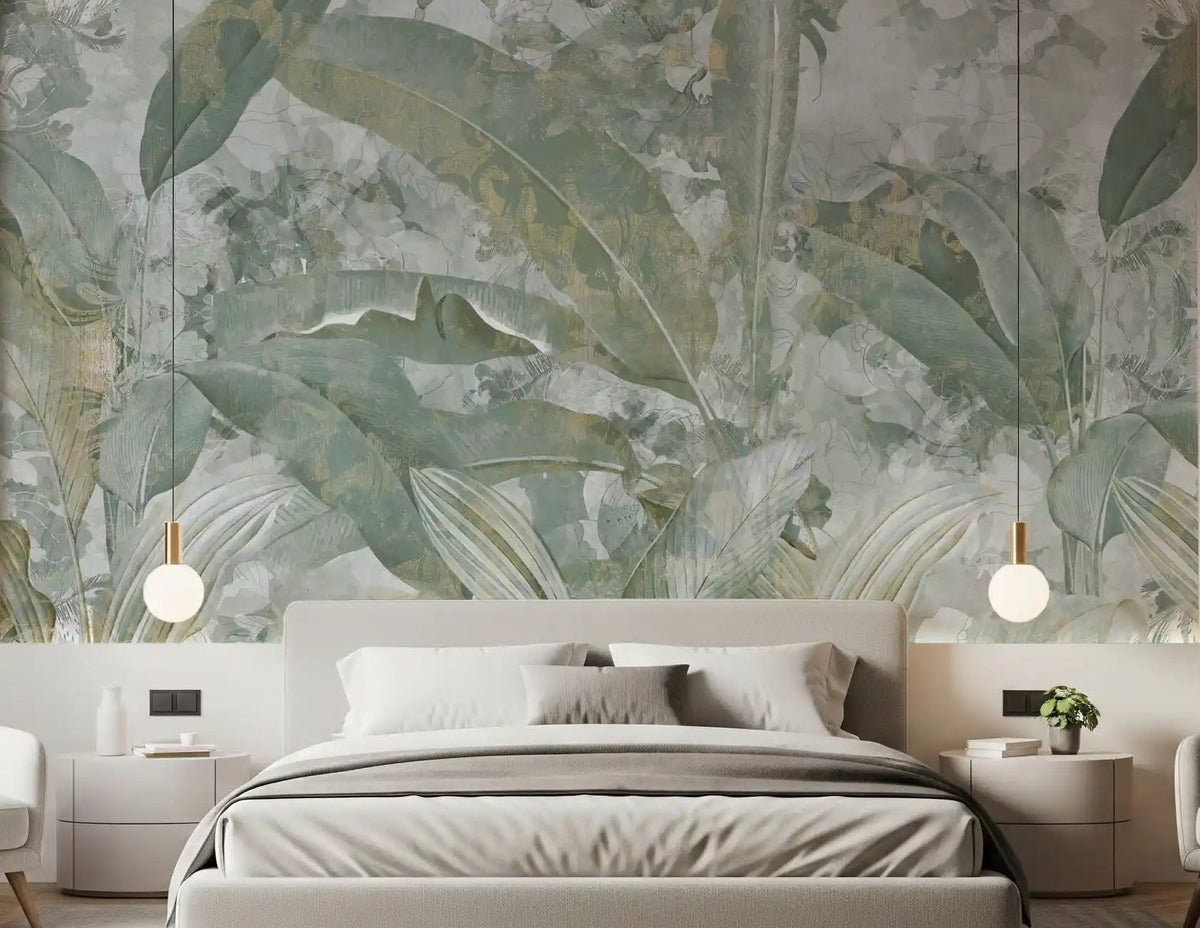 Bedroom wall featuring Sage Green Tropical Botanical mural in muted foliage tones, GD9276
