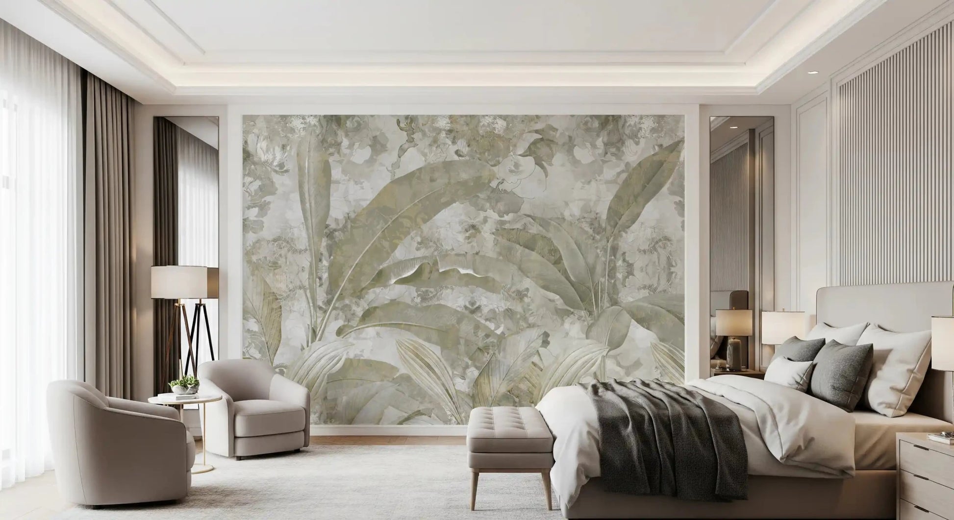 Bedroom styled using Sage Green Tropical Leaves wall mural with layered foliage