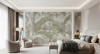 Bedroom styled using Sage Green Tropical Leaves wall mural with layered foliage