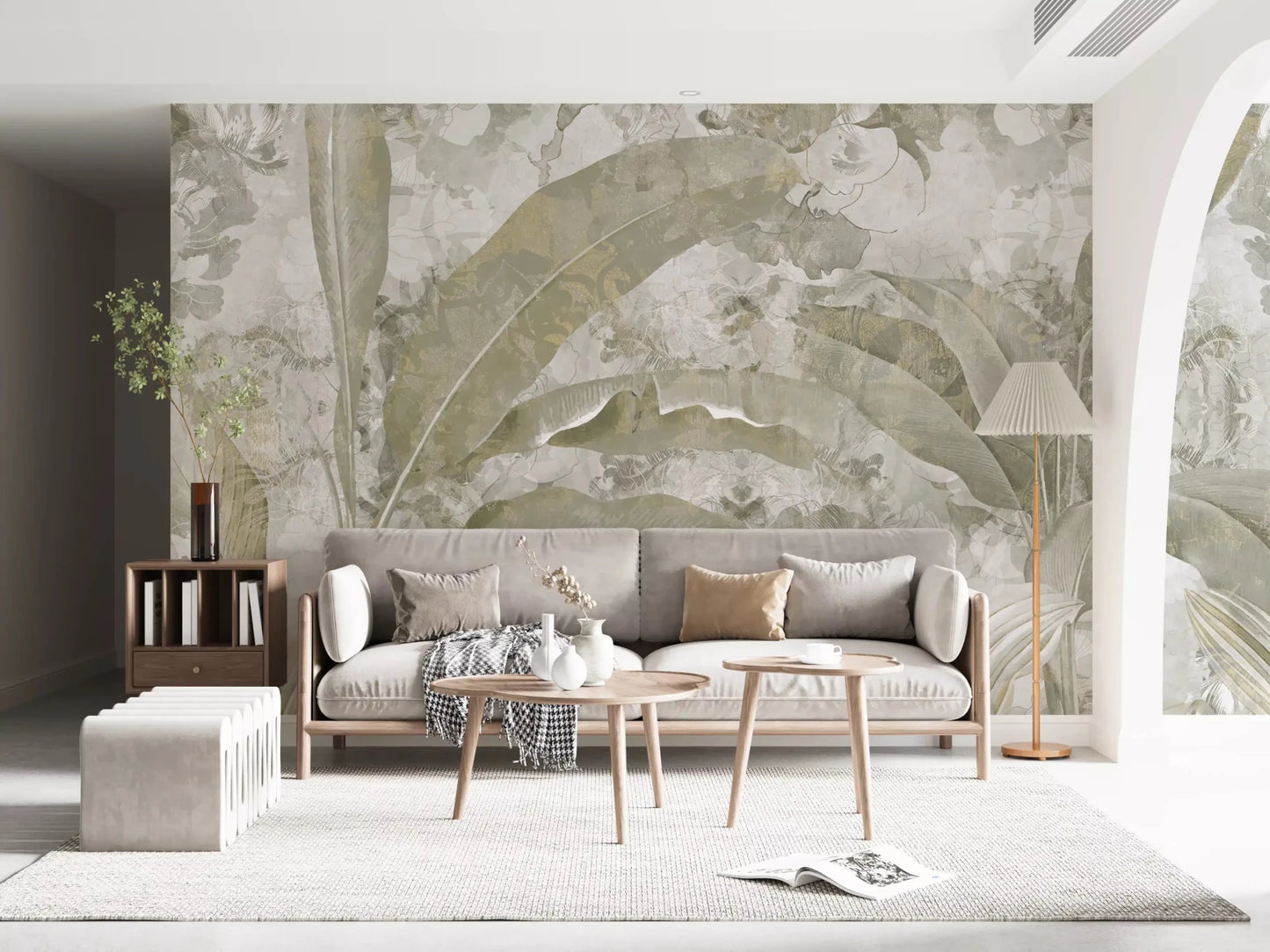A pale botanical finish shapes Sage Green Tropical Leaves wall mural beautifully