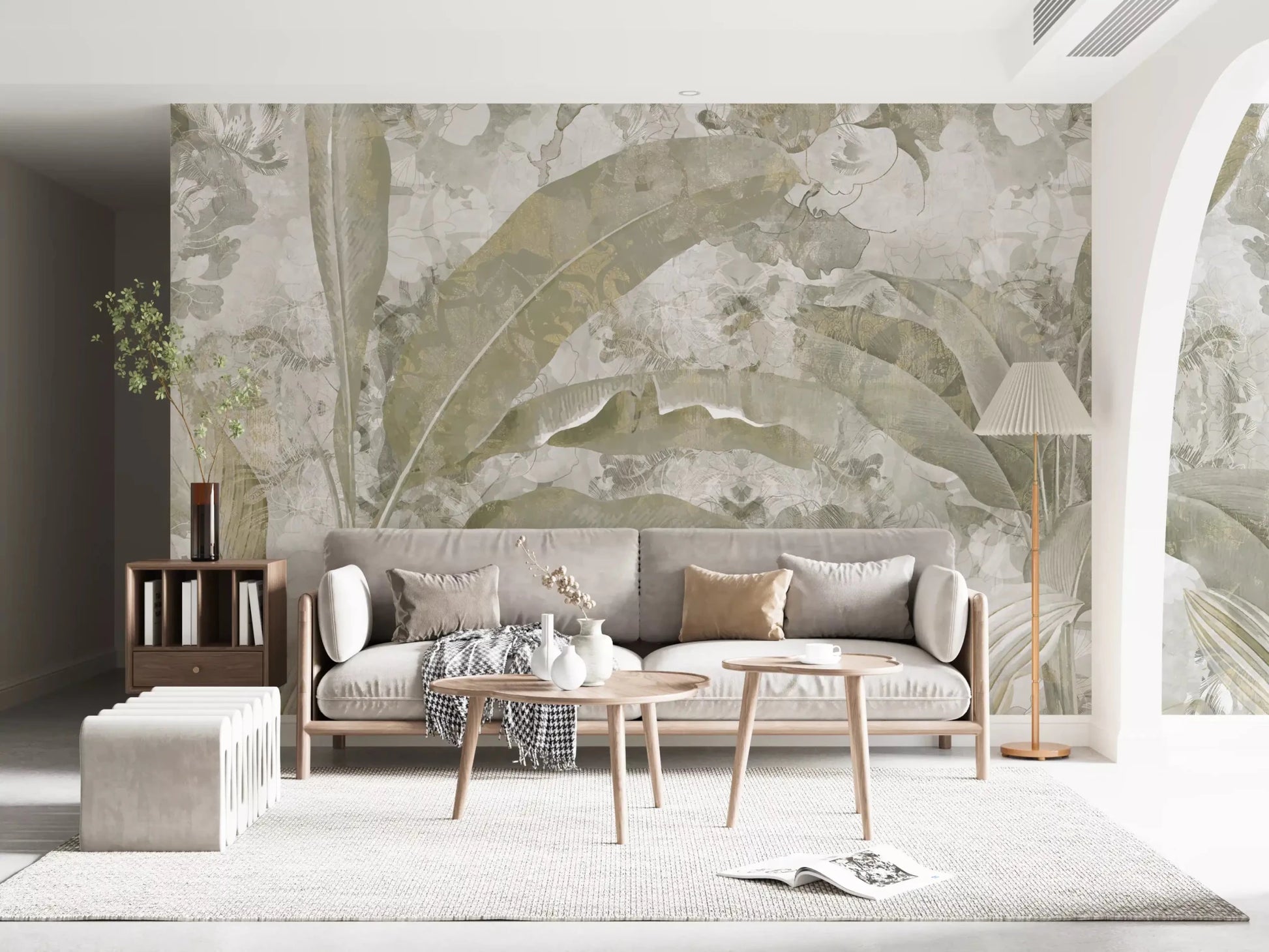A pale botanical finish shapes Sage Green Tropical Leaves wall mural beautifully