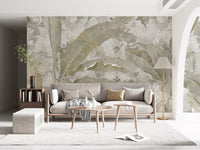 A pale botanical finish shapes Sage Green Tropical Leaves wall mural beautifully
