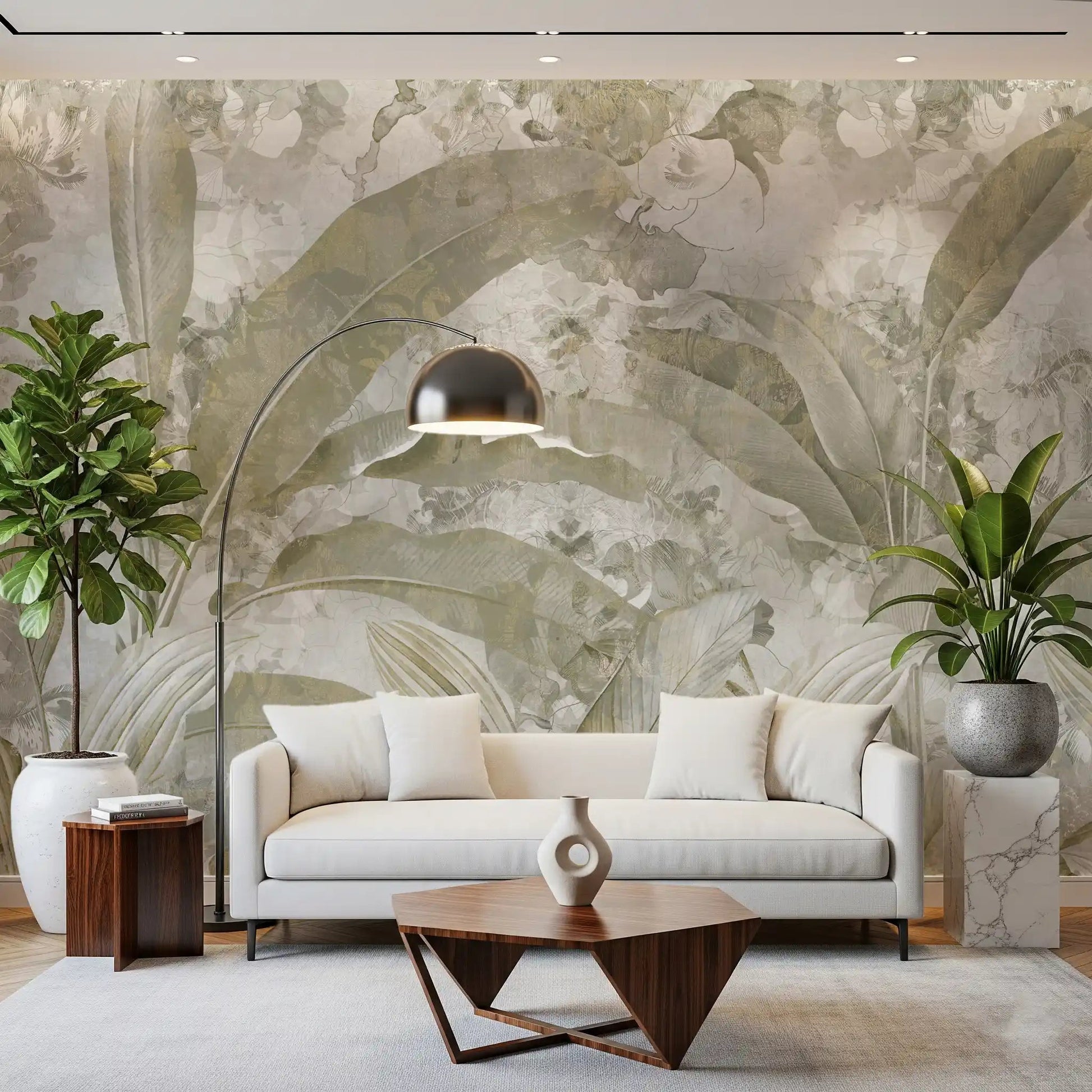 Tropical leaf layering gives Sage Green Tropical Leaves wall mural gentle depth