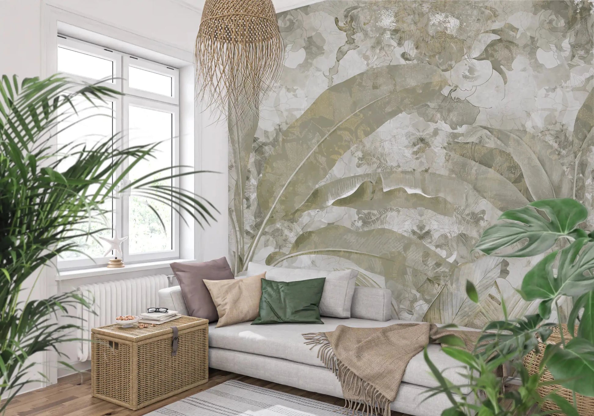 Natural wall texture appears through Sage Green Tropical Leaves wall mural design
