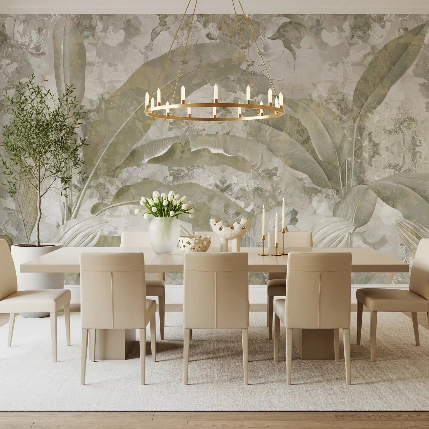 Dining room backdrop with Sage Green Tropical Leaves wall mural on a pale base