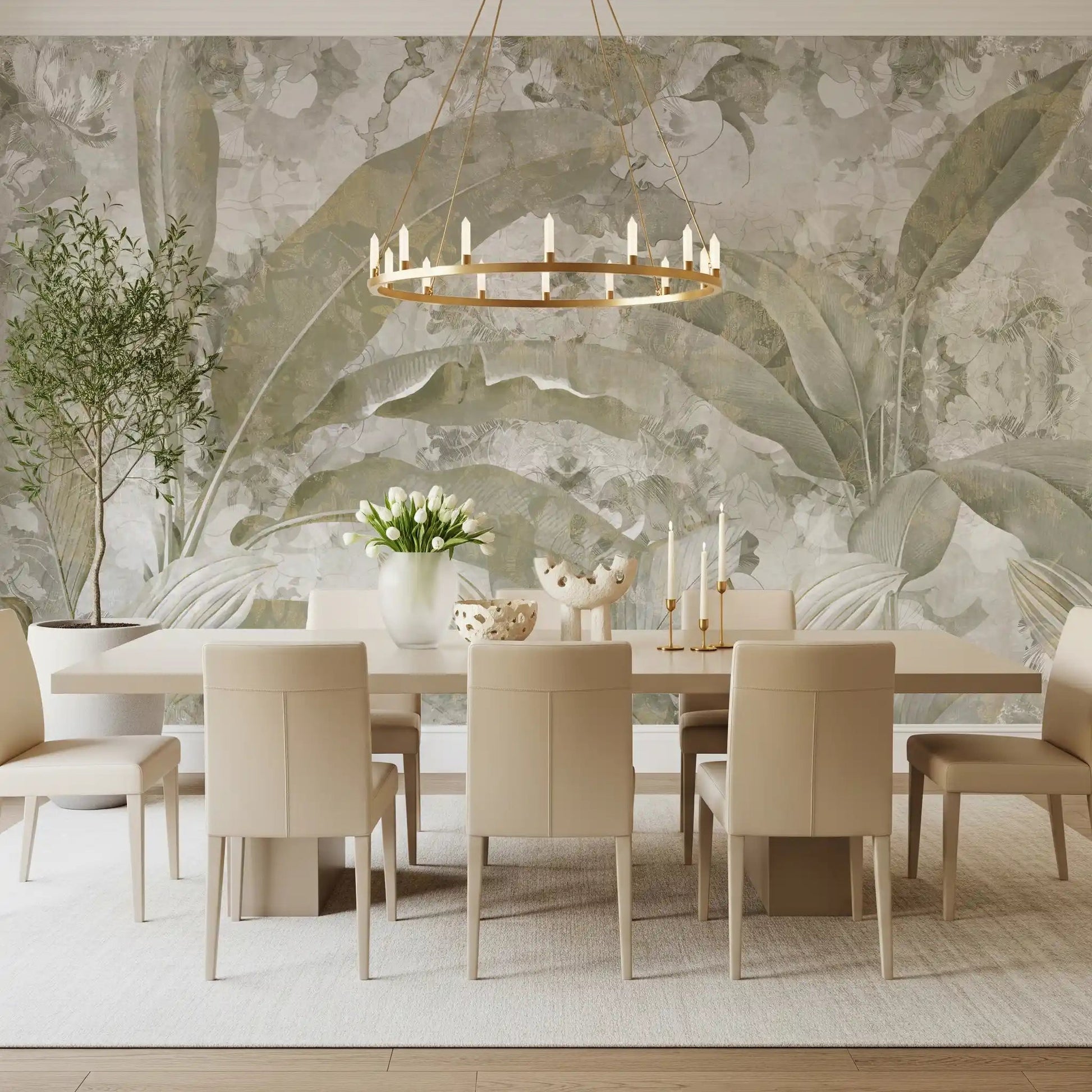 Dining room backdrop with Sage Green Tropical Leaves wall mural on a pale base