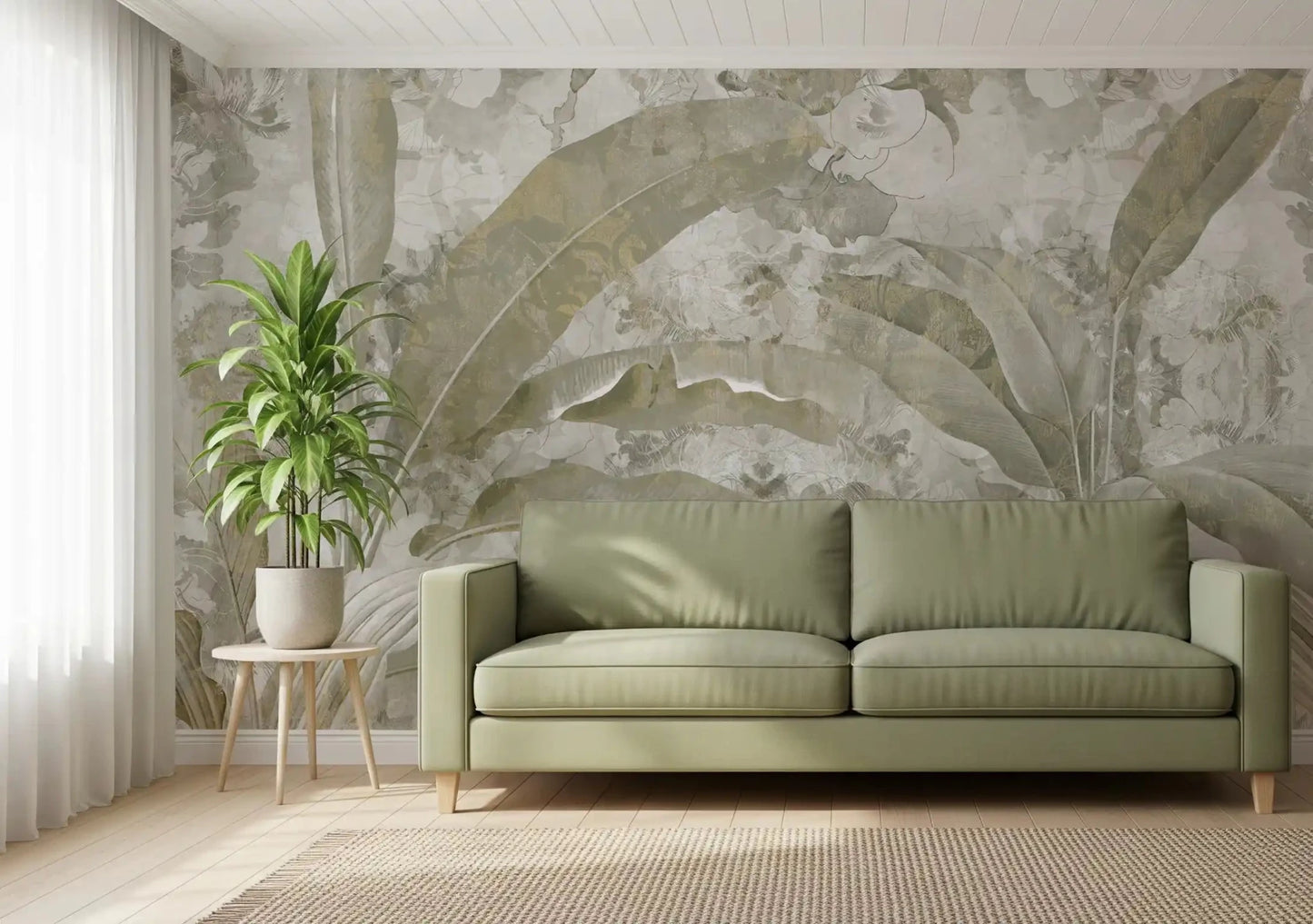Hallway finished in Sage Green Tropical Leaves wall mural and muted leaf detail