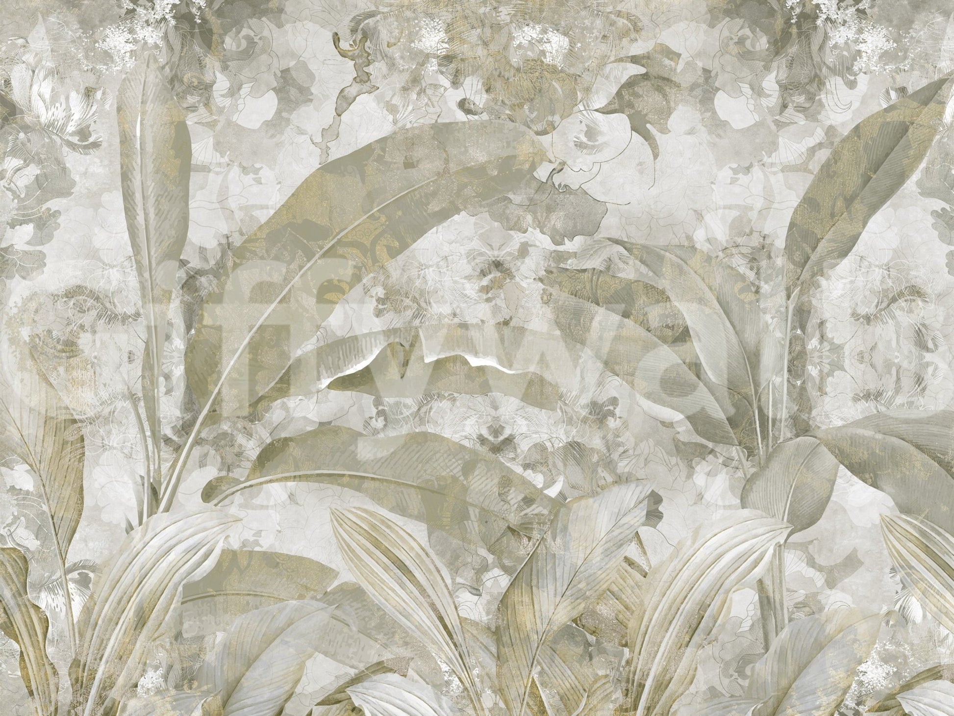 Light sage foliage spreads across Sage Green Tropical Leaves wall mural surface