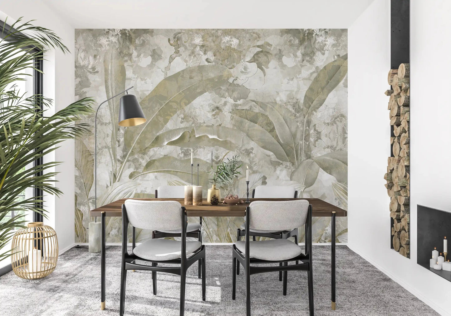 Muted foliage pattern defines Sage Green Tropical Leaves wall mural styling
