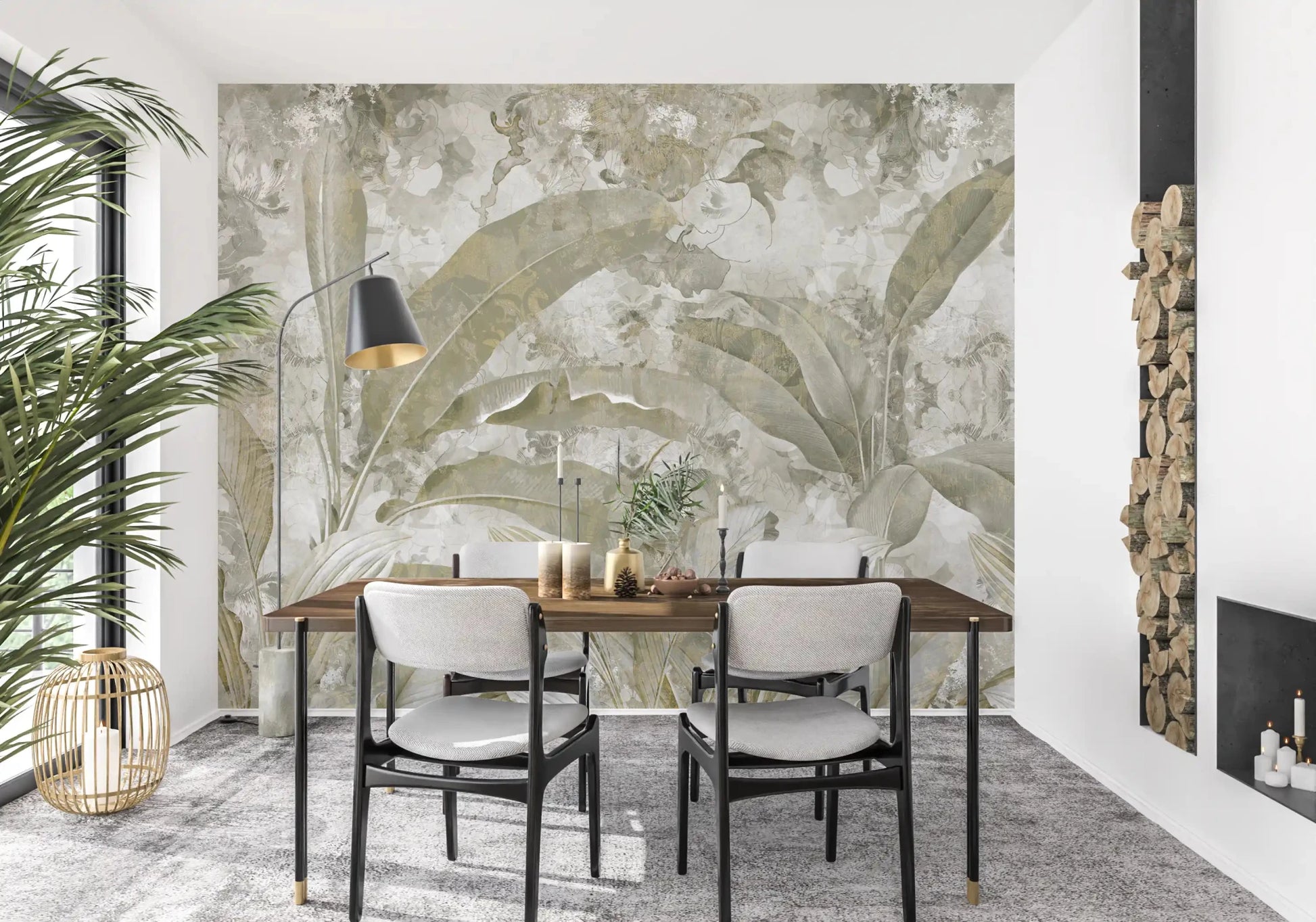 Muted foliage pattern defines Sage Green Tropical Leaves wall mural styling