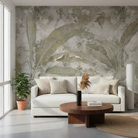 Soft neutral surface featuring Sage Green Tropical Leaves wall mural artwork