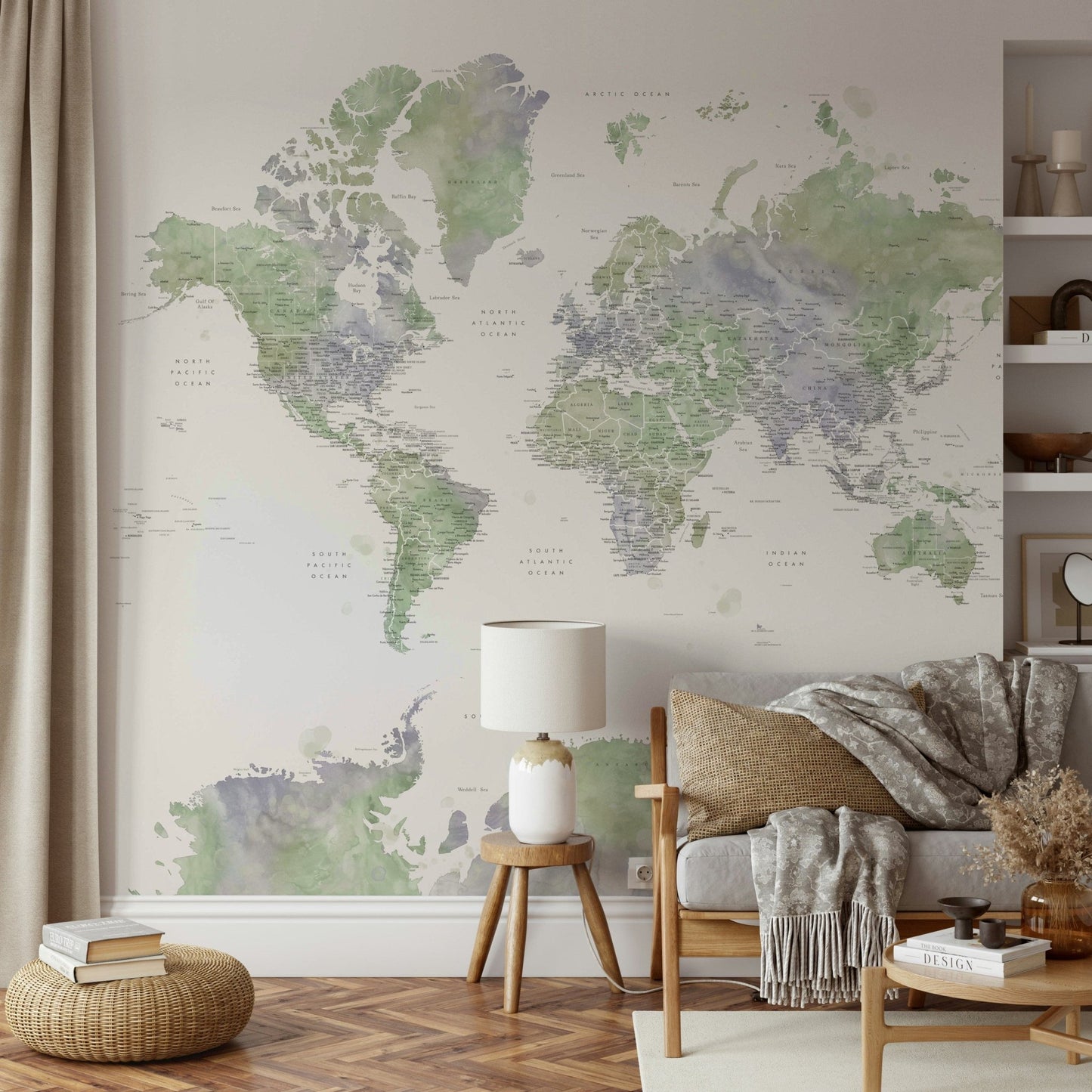 Sage green map wall covering

