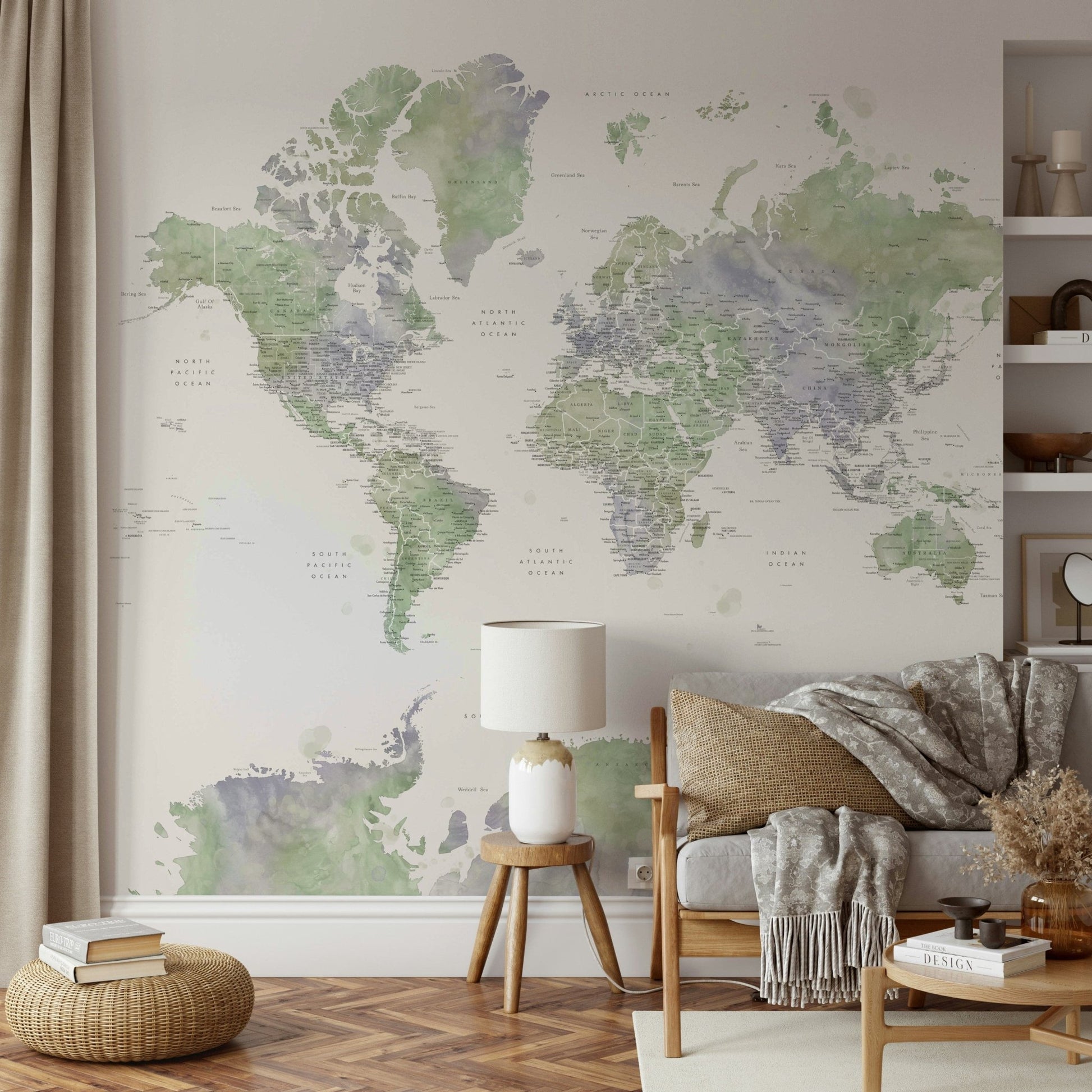 Sage green map wall covering

