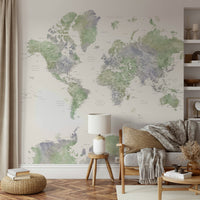 Sage green map wall covering

