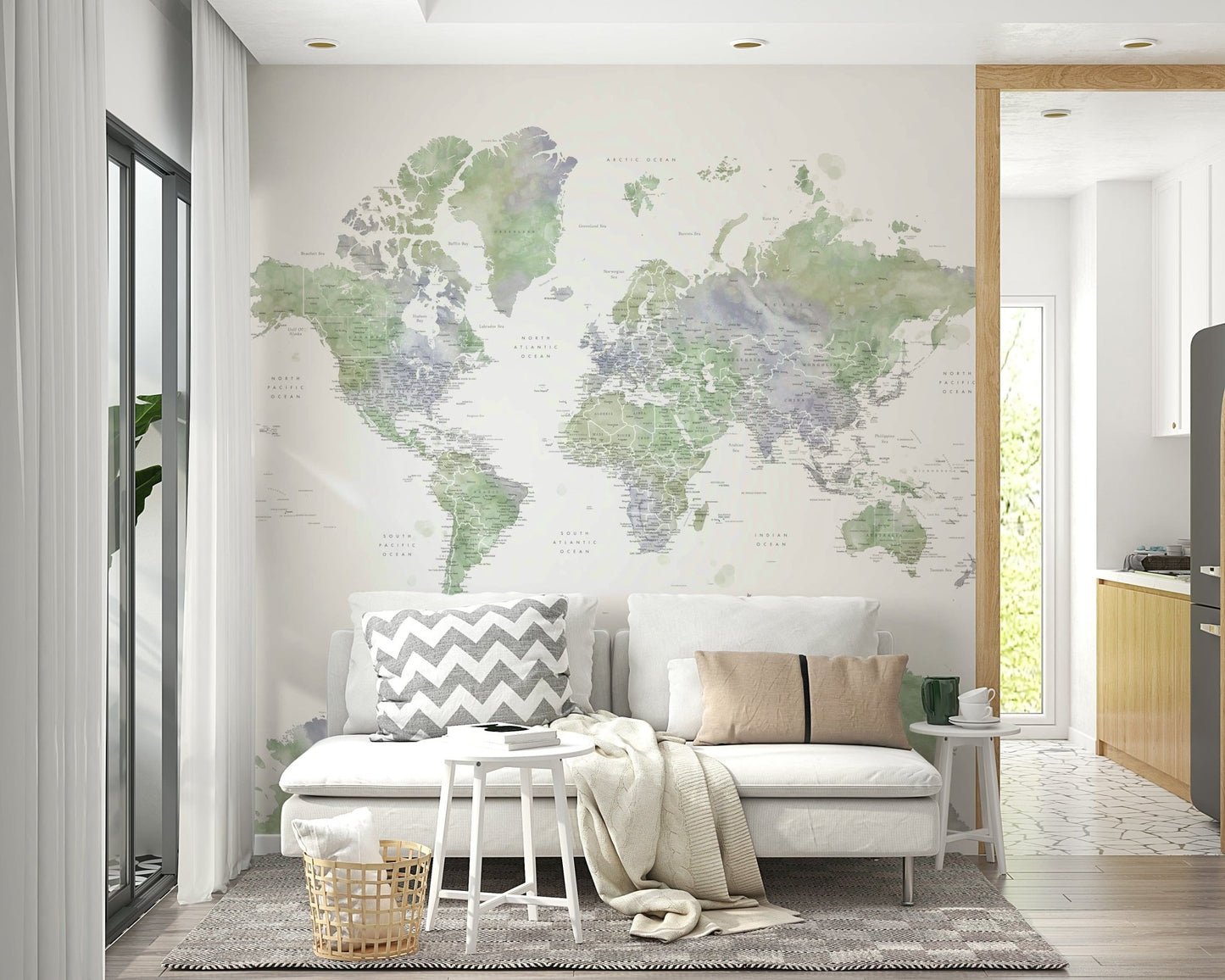 Watercolor sage green world map decor

