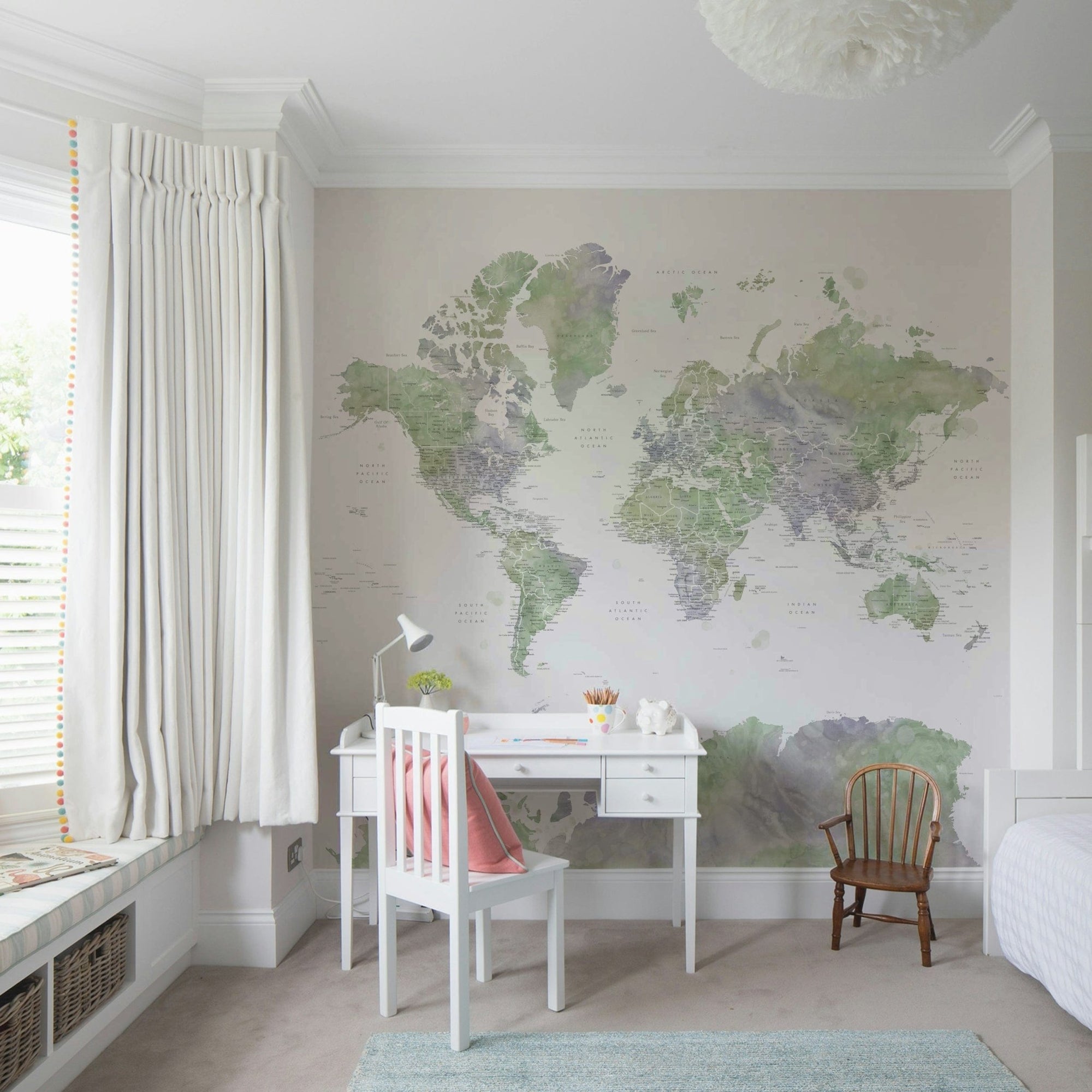 Sage green watercolor world map wallpaper GD208


