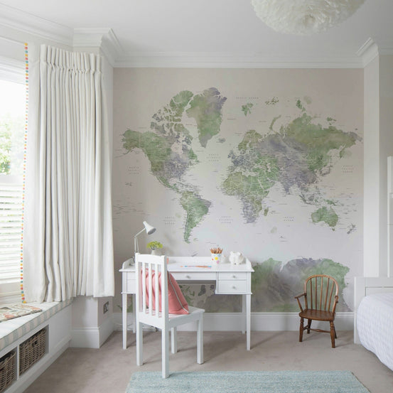Sage green watercolor world map wallpaper GD208

