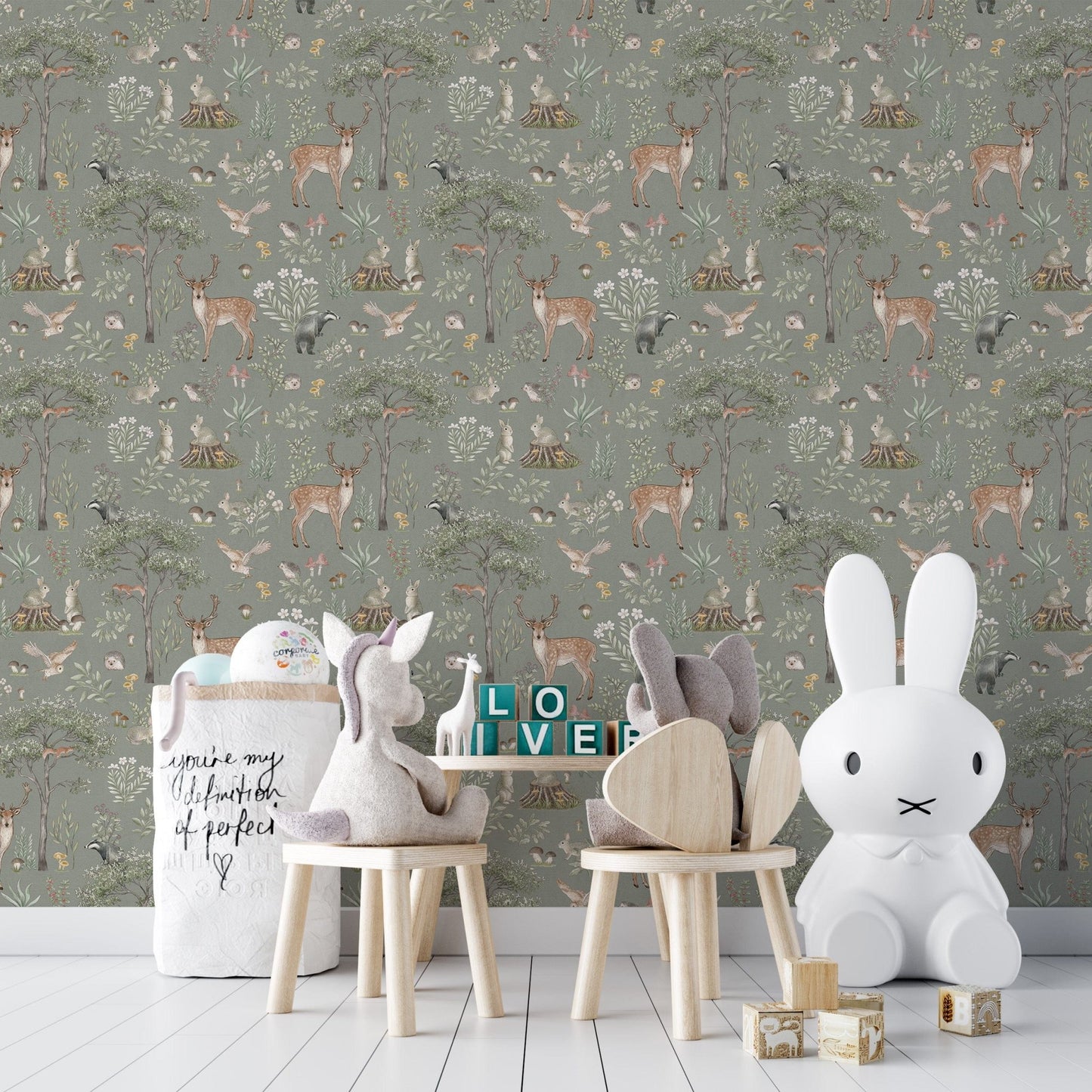 Sage green wildlife wallpaper design
