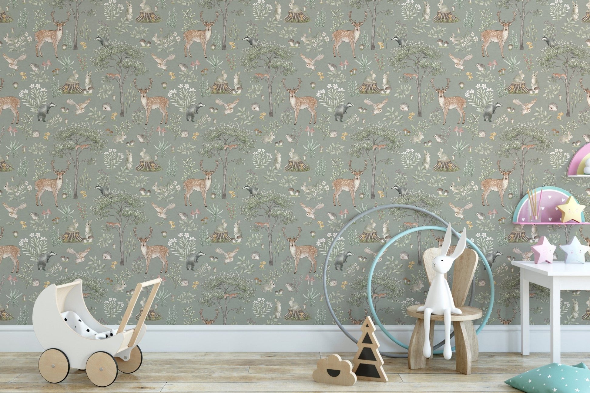 Rustic sage green wallpaper with animals
