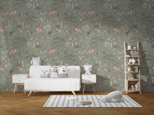 Woodland animal wallpaper in sage green
KB88