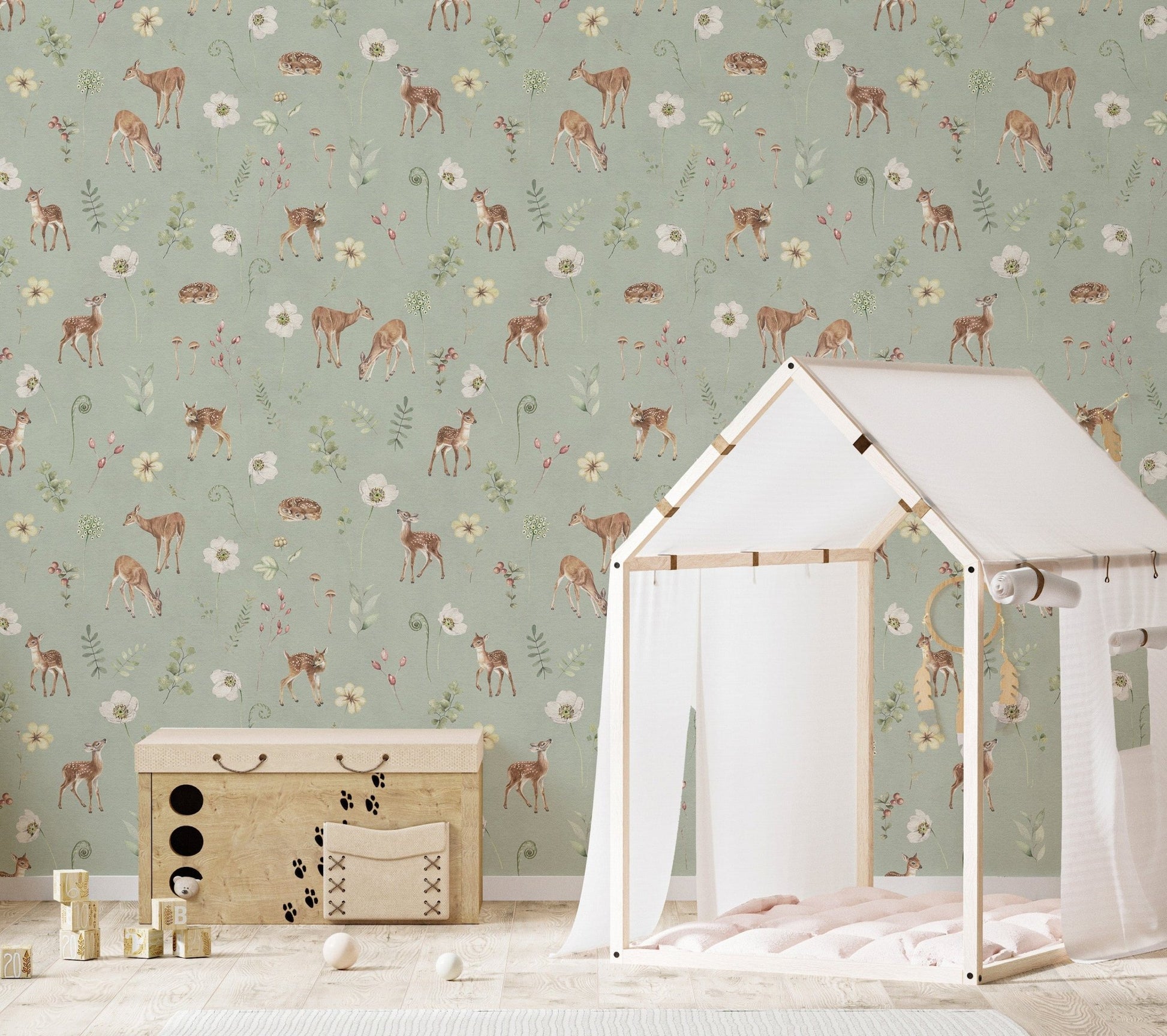 Sage green woodland deer wallpaper design KB79
