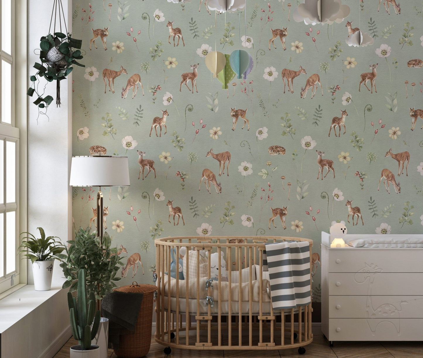 Elegant deer wallpaper in soft green KB79
