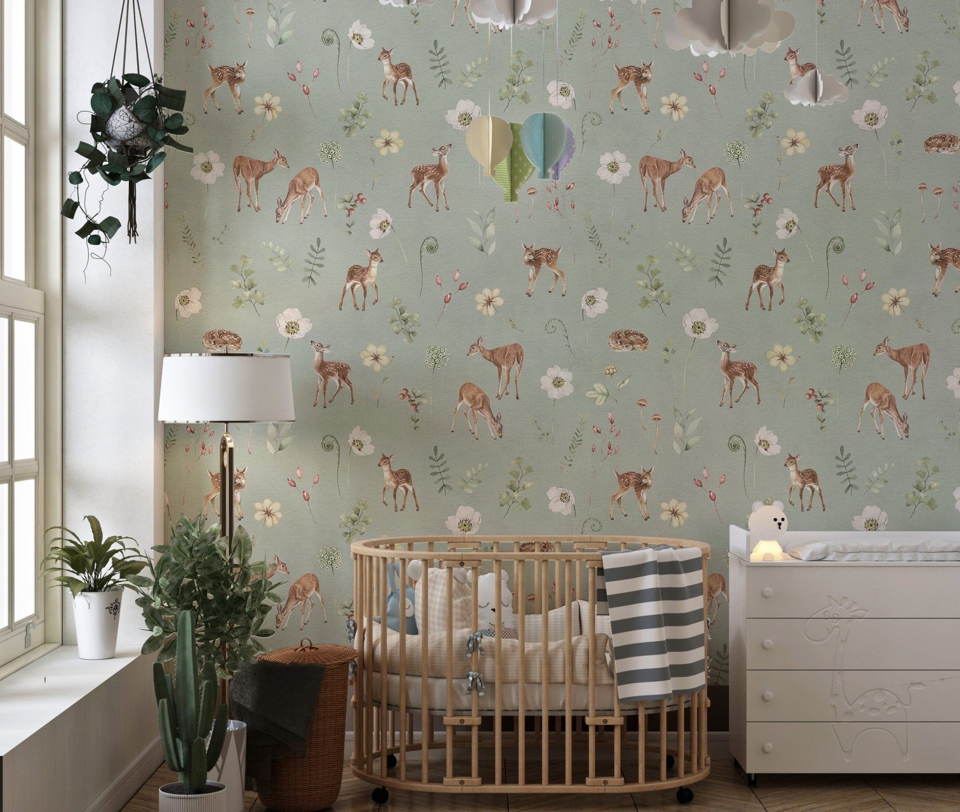 Elegant deer wallpaper in soft green KB79
