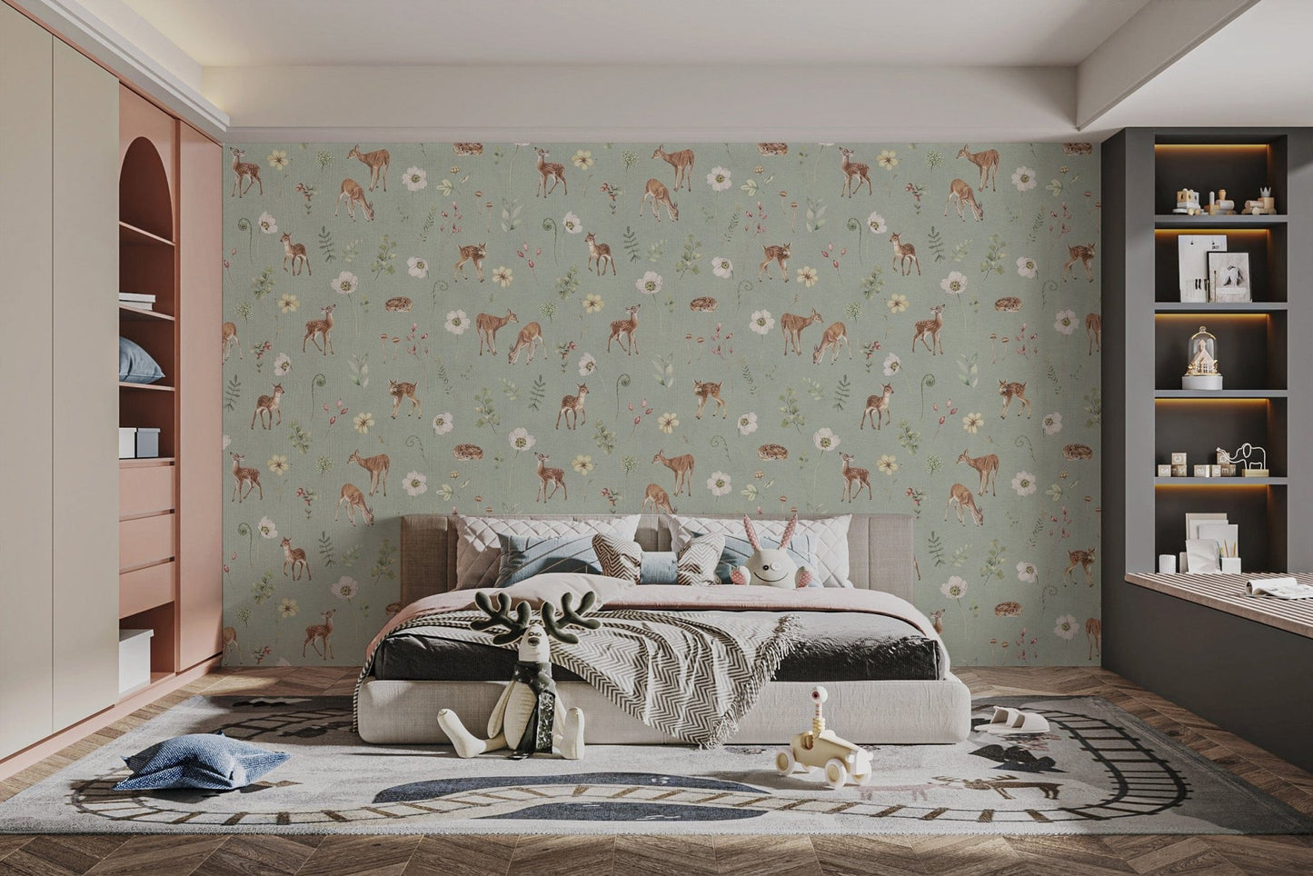 Sage green deer and floral wallpaper KB79
