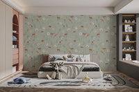 Sage green deer and floral wallpaper KB79
