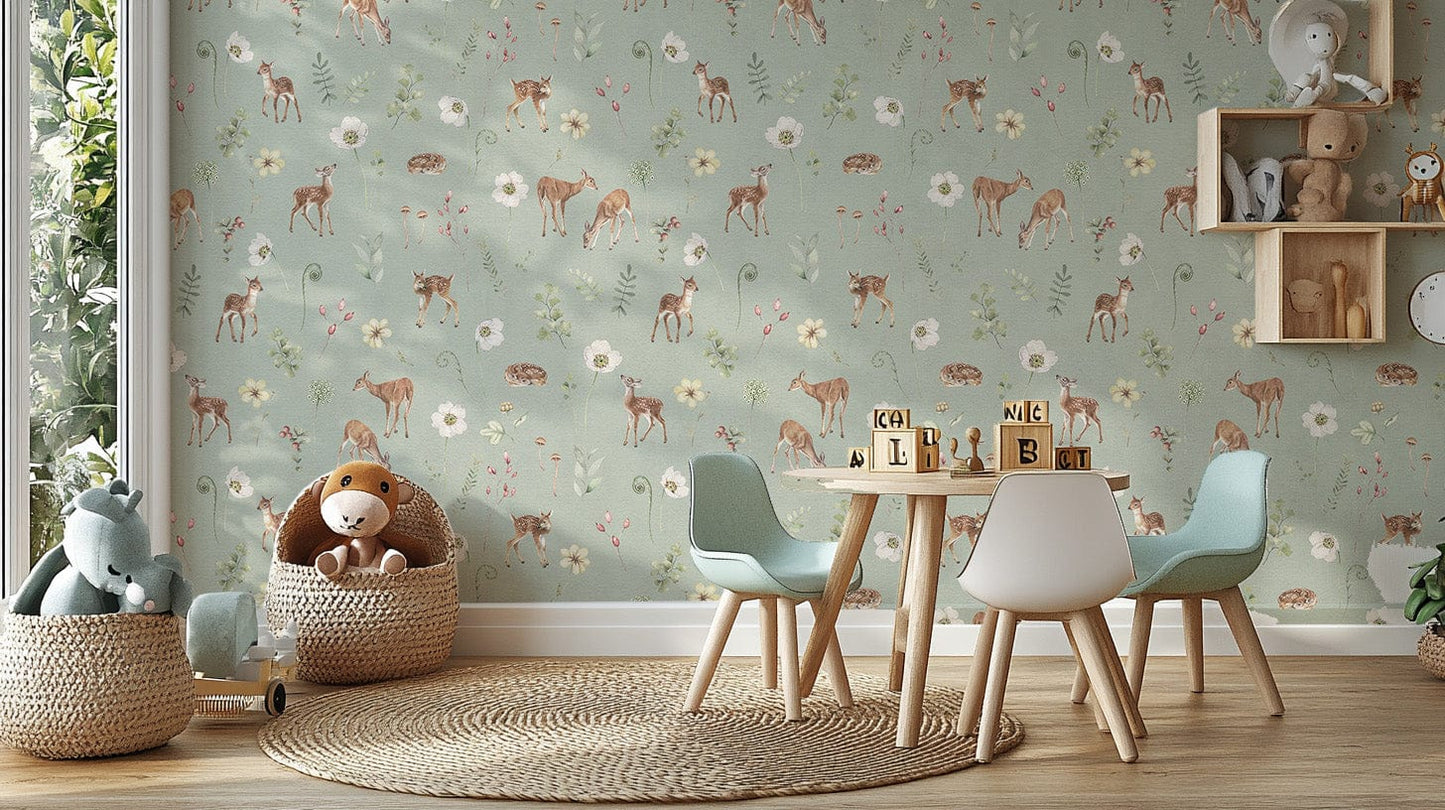 Deer and wildflowers wallpaper in green
 KB79