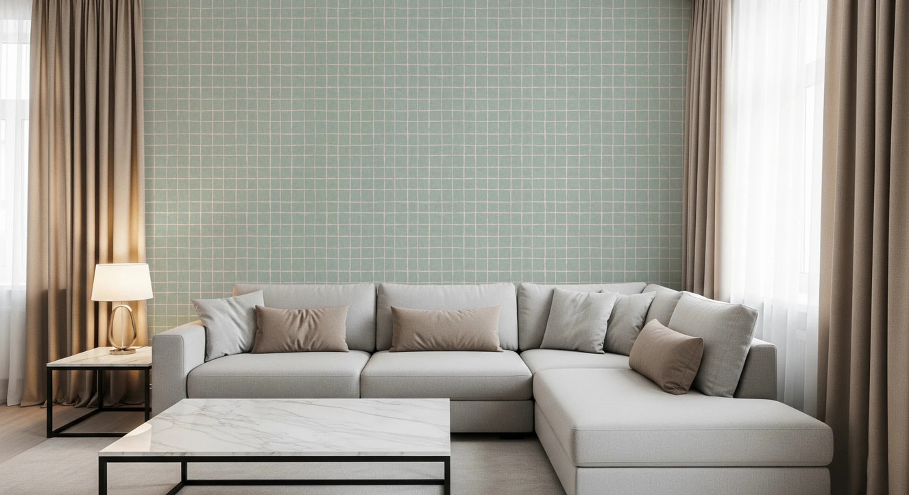 Sage green linen wallpaper with a white grid design.