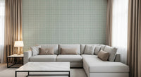 Sage green linen wallpaper with a white grid design.