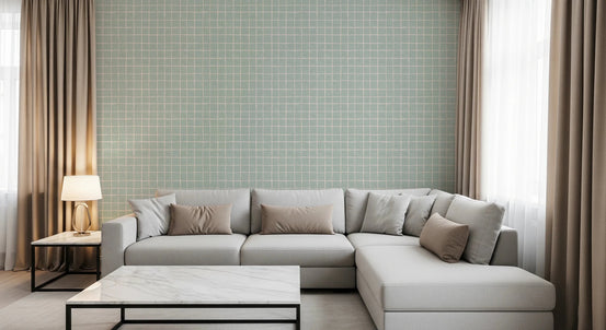 Sage green linen wallpaper with a white grid design., GD8452