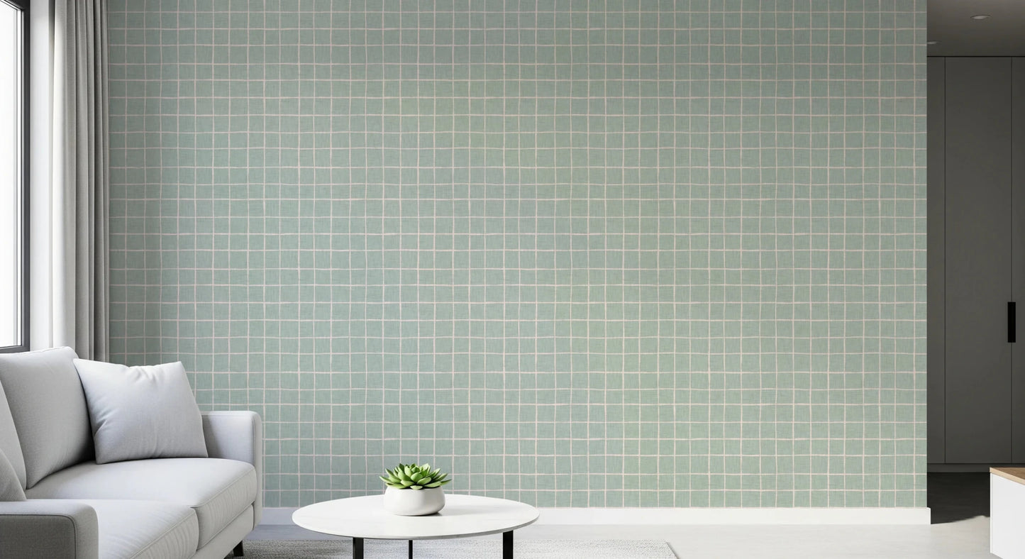 Organic green grid design wallpaper for modern rooms.