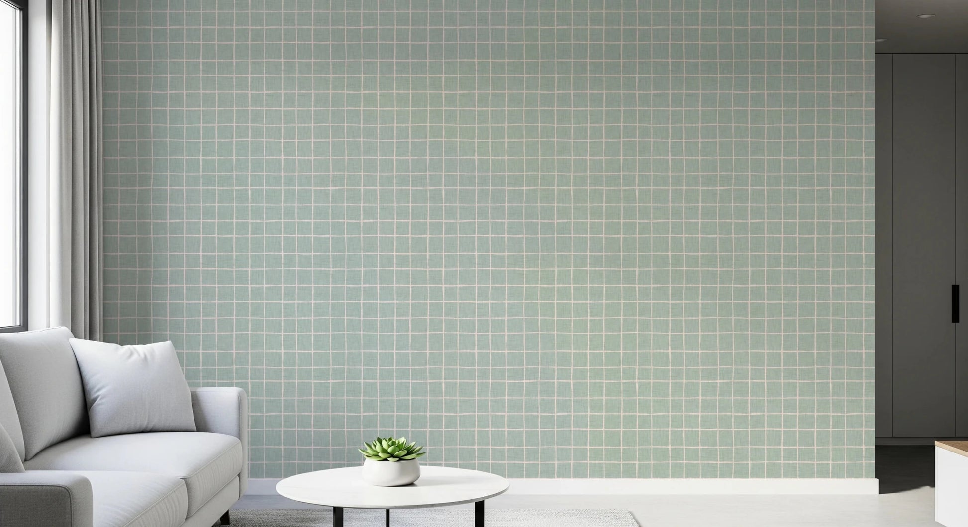 Organic green grid design wallpaper for modern rooms.