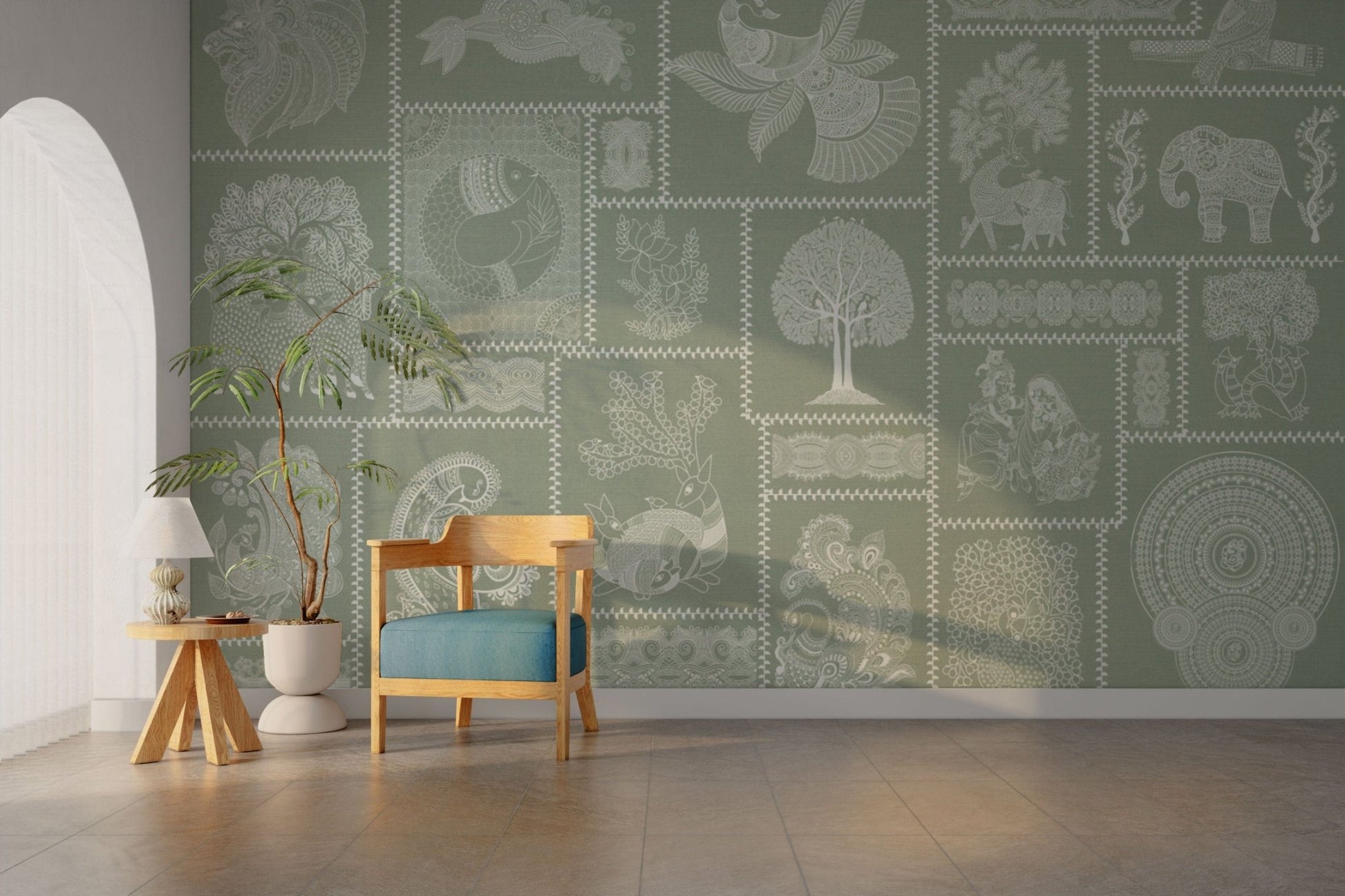 Mandala, deer, birds in Warli pattern

