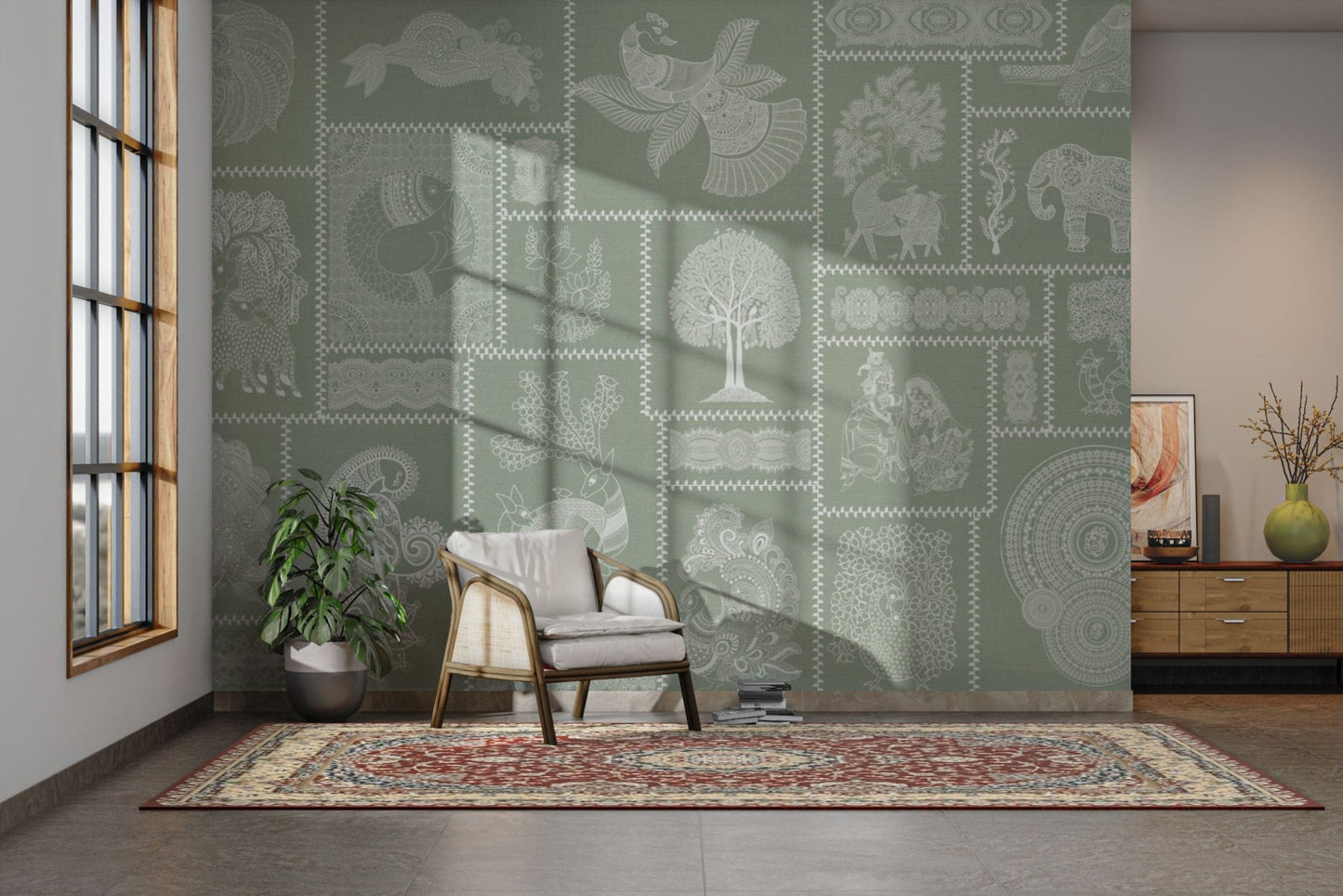 Cultural motifs in stitched patch style

