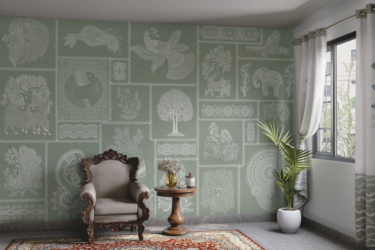 Sage green wallpaper with Warli art


