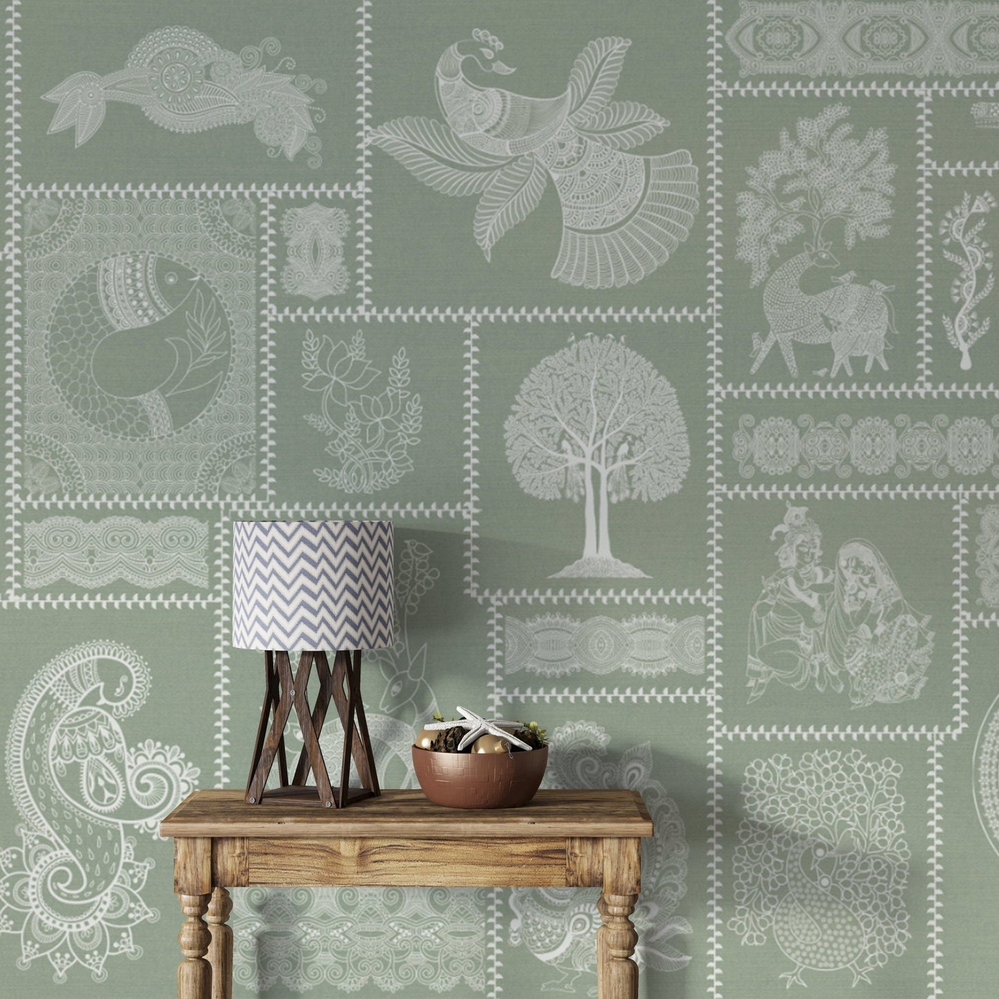 Indian folk art with tree and peacock

