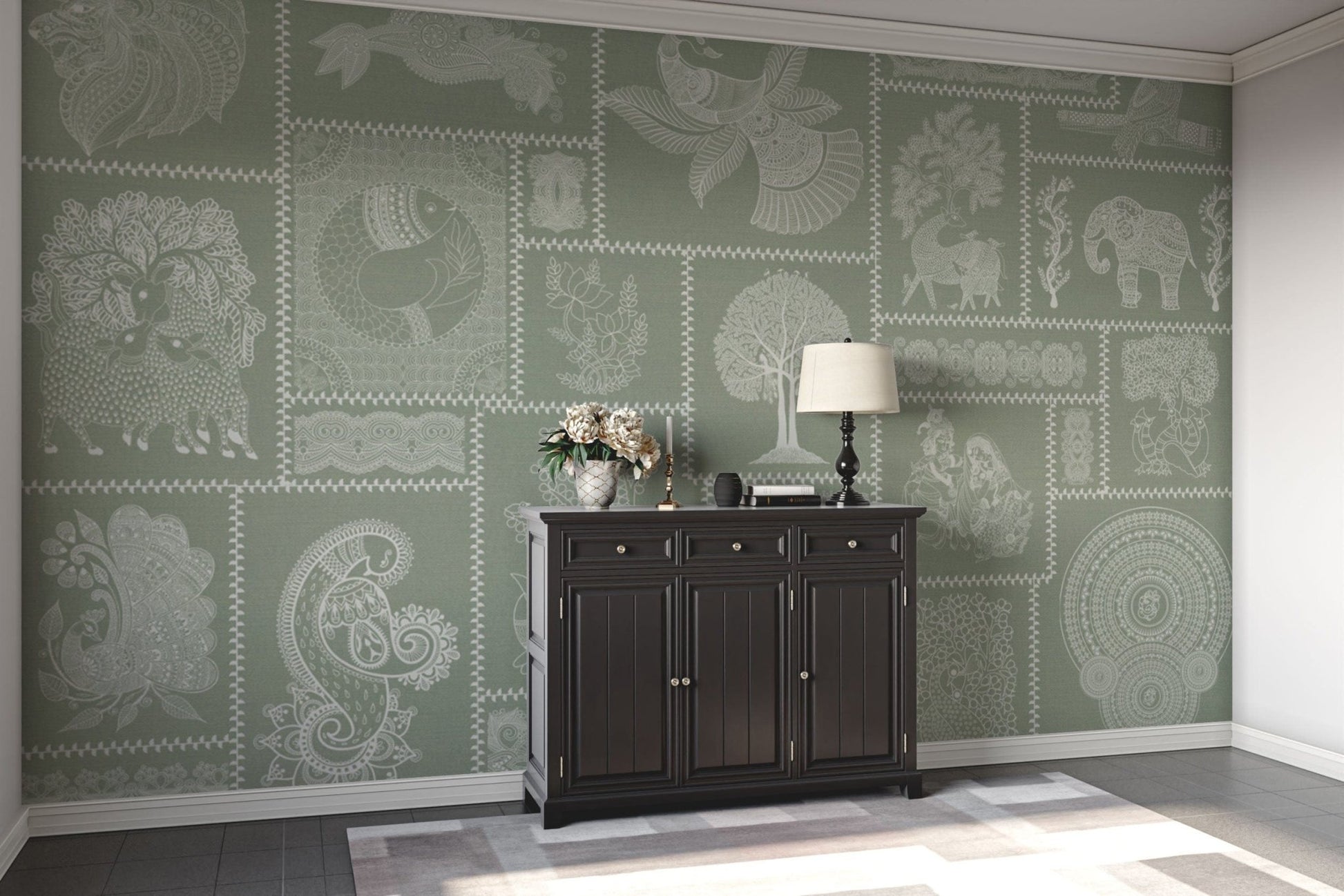 Hand-drawn Warli animals and patterns

