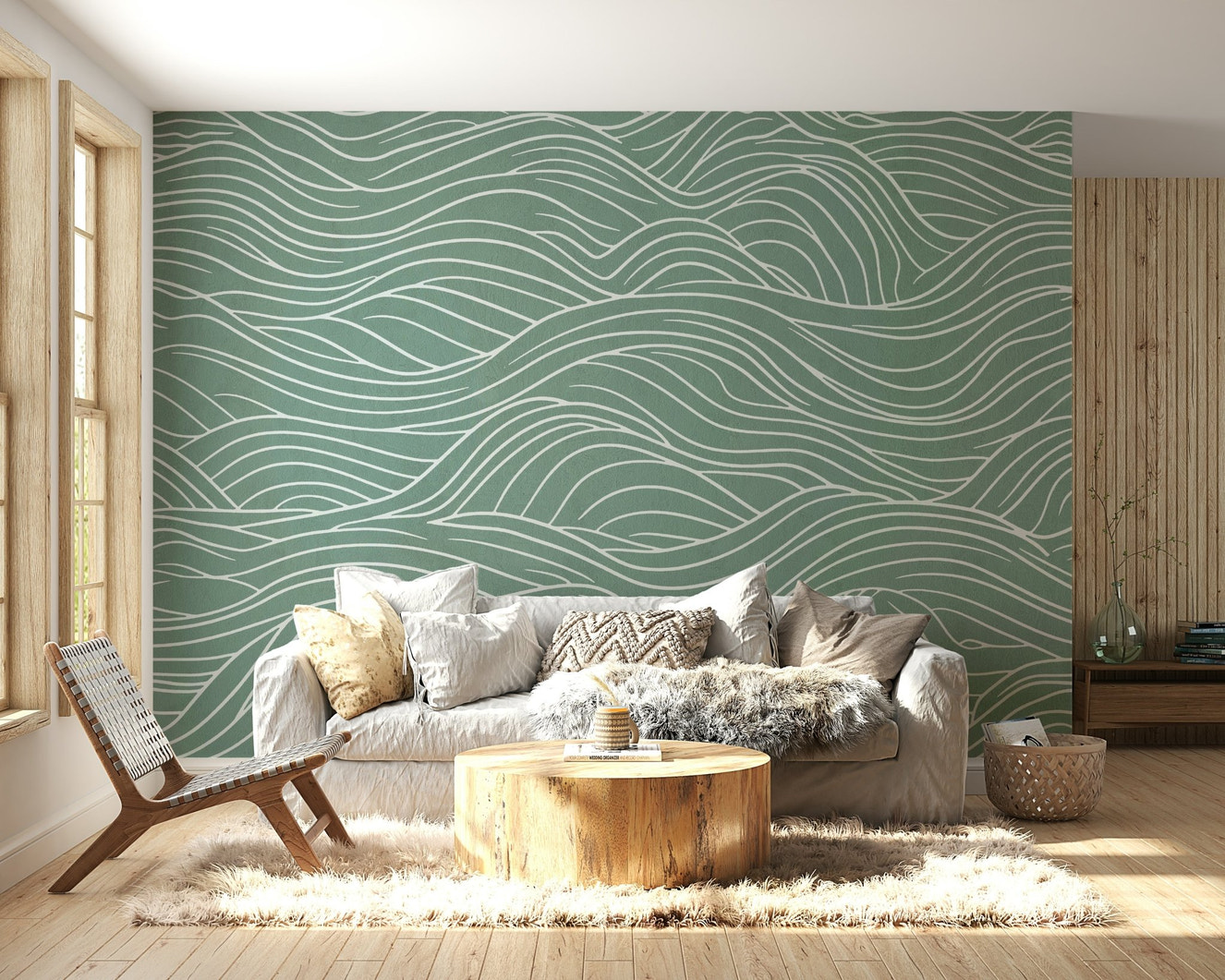 A peaceful wall mural with an elegant, flowing design.

