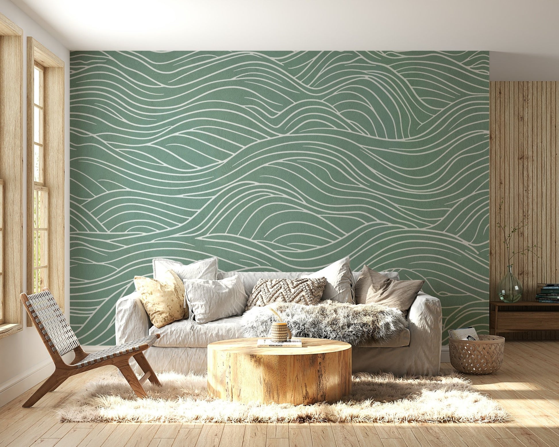 A peaceful wall mural with an elegant, flowing design.

