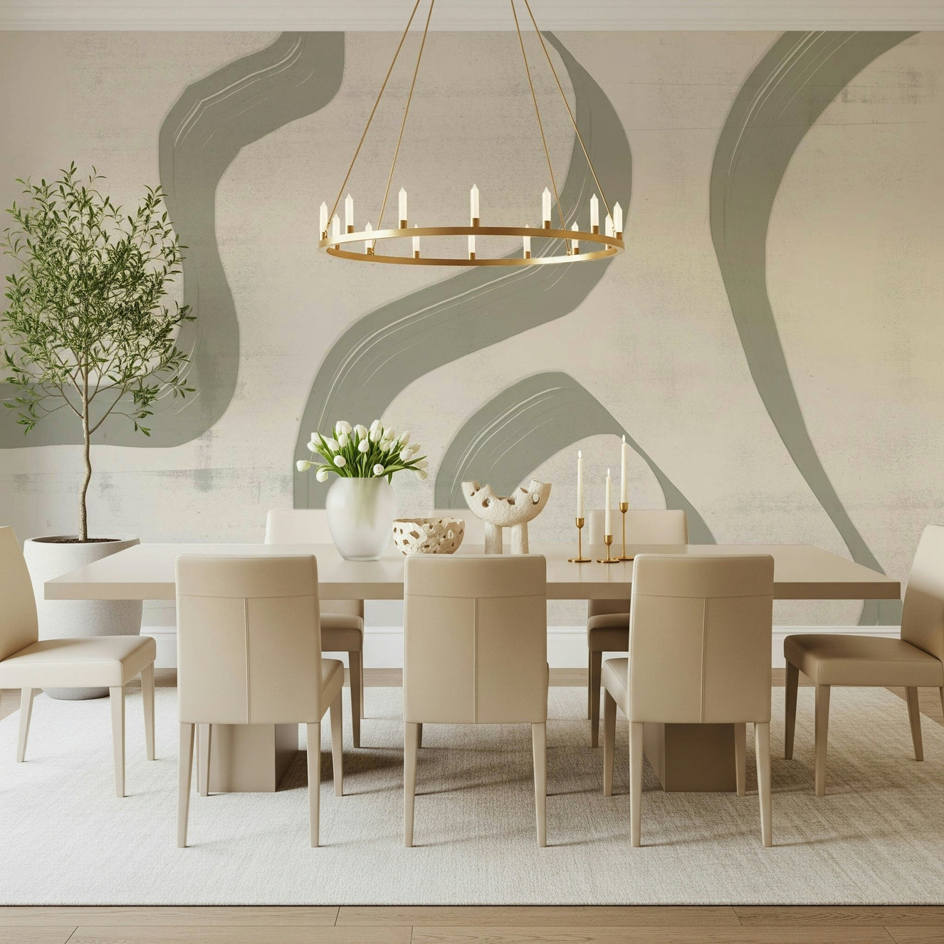 A beautiful abstract brushstroke wallpaper mural in sage green.