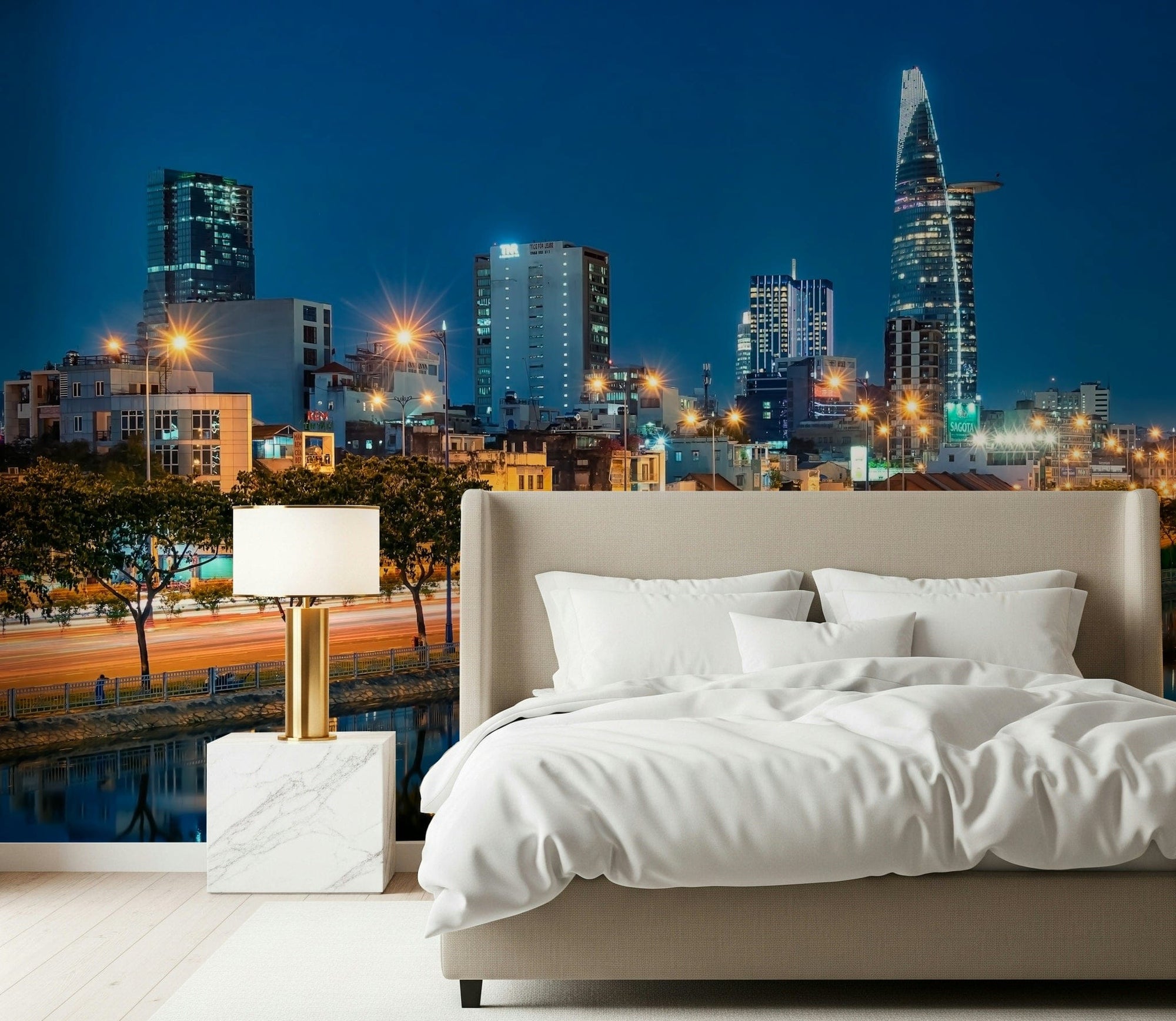 A modern bedroom anchored by Saigon Skyline Night Wall Mural and glowing city lights, GD7965