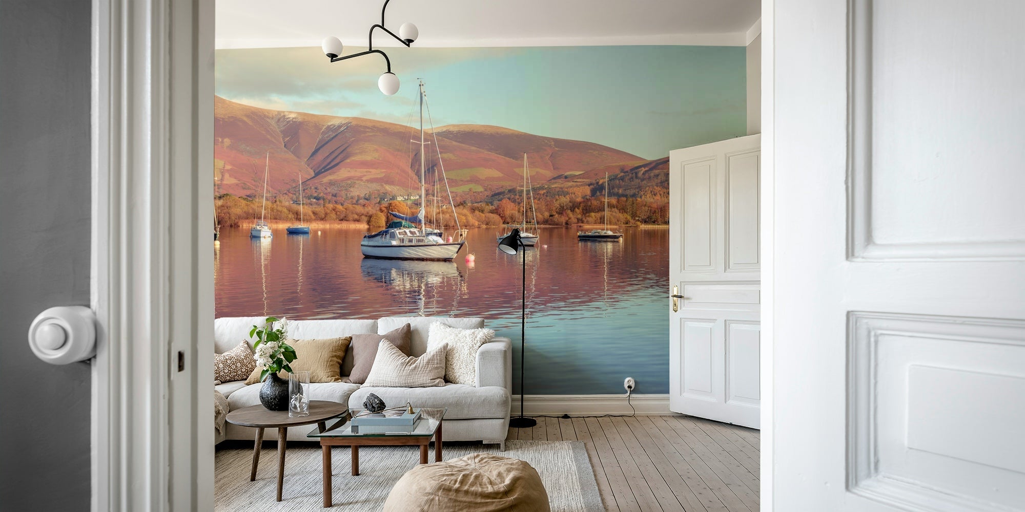 Sailboats on calm lake mural wallpaper, GD2651