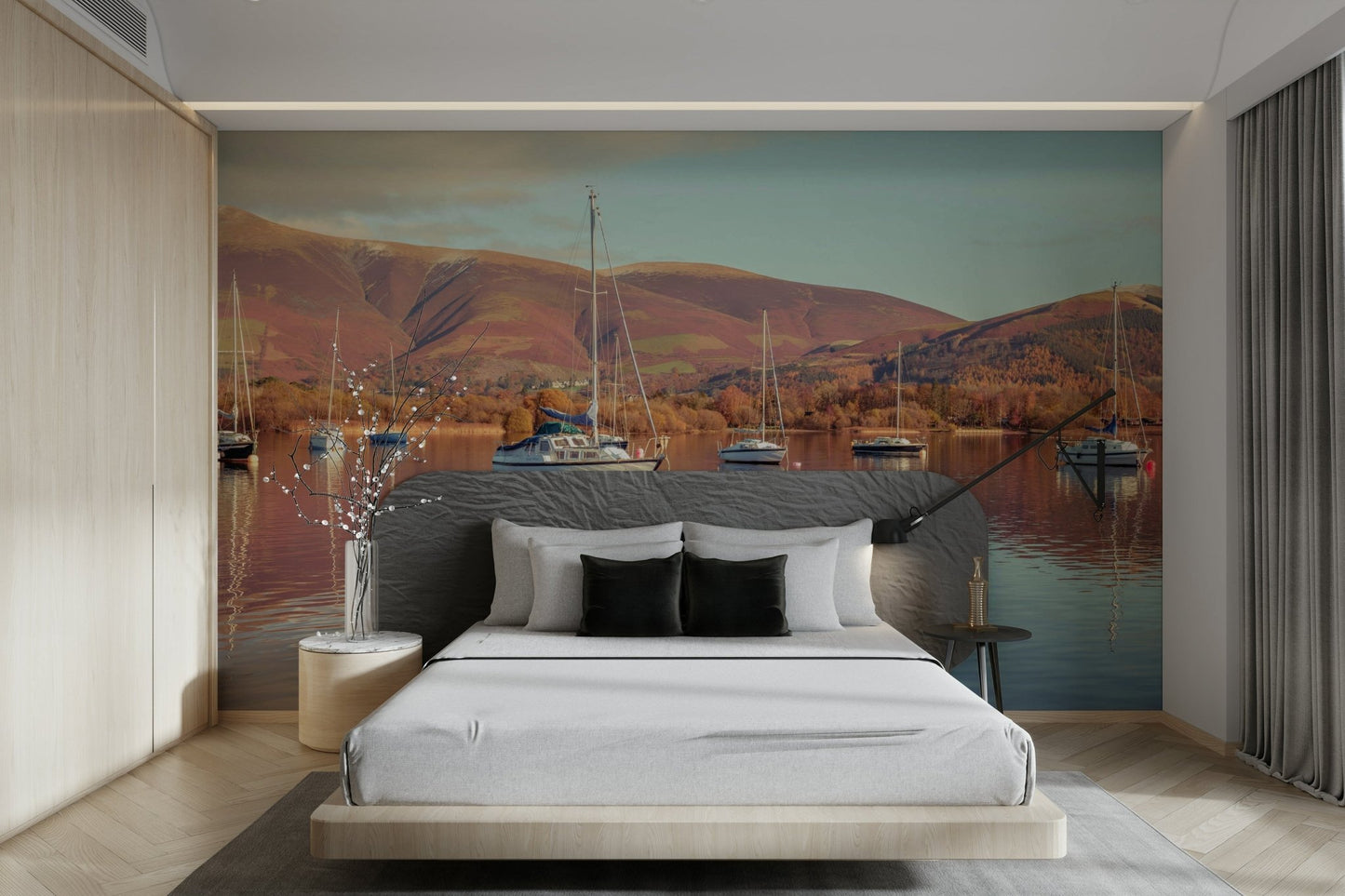 Peaceful lake scene wallpaper with sail boats

